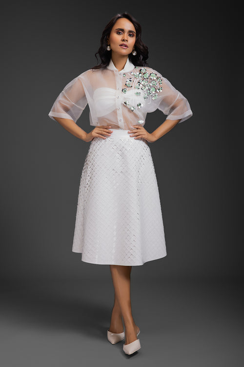 White Sheer Top With Sculptural Leather 3D Skirt