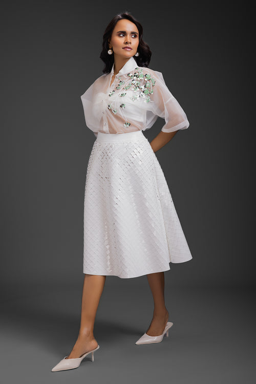 White Sheer Top With Sculptural Leather 3D Skirt