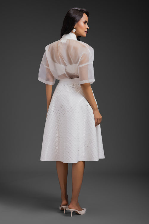 White Sheer Top With Sculptural Leather 3D Skirt