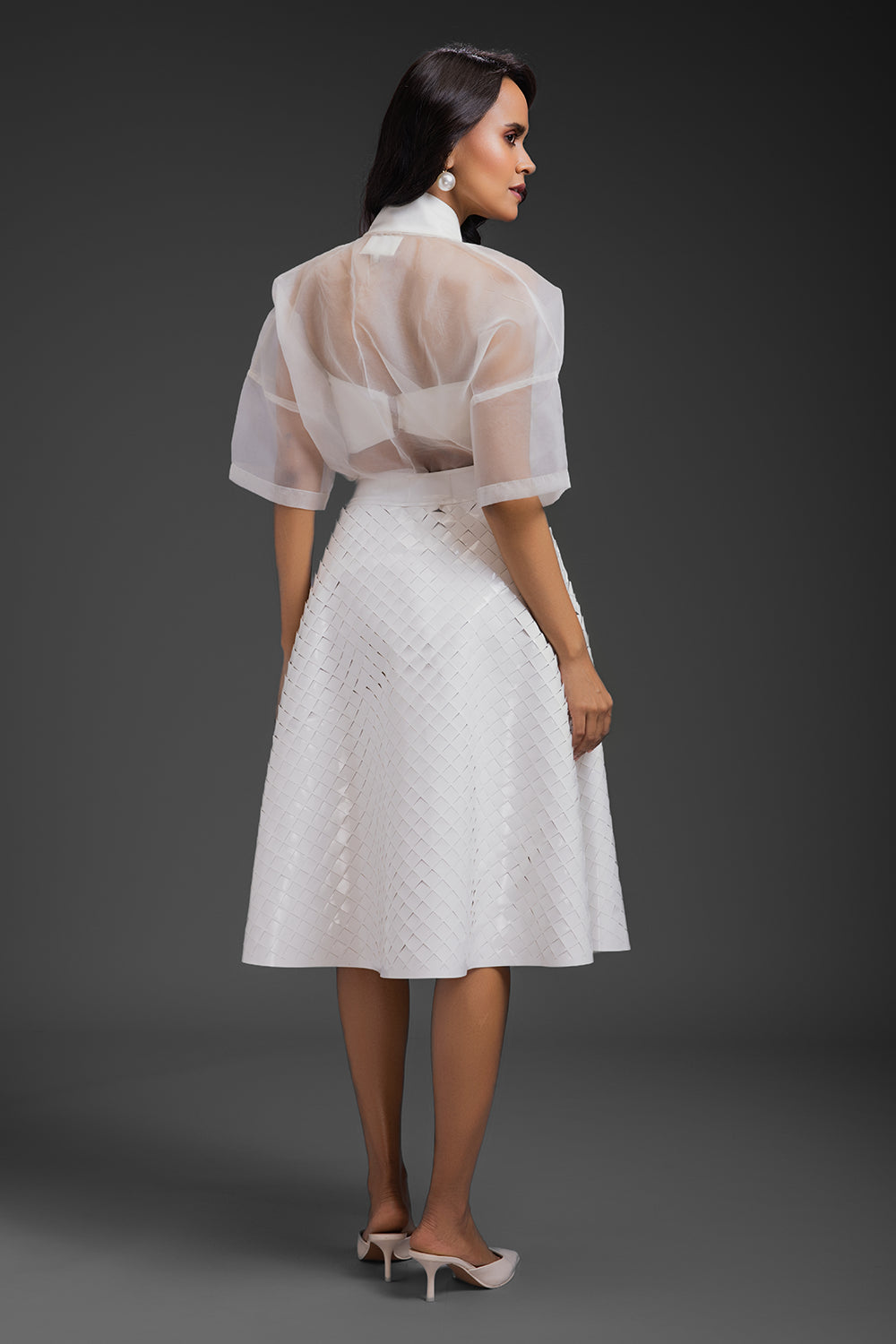 White Sheer Top With Sculptural Leather 3D Skirt
