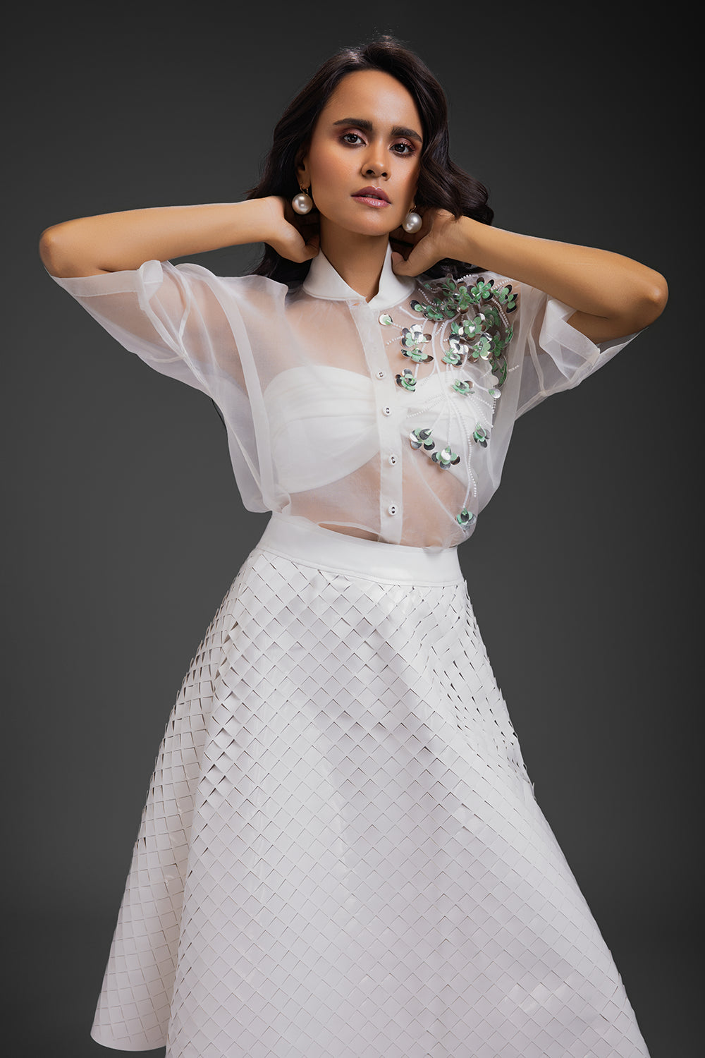 White Sheer Top With Sculptural Leather 3D Skirt