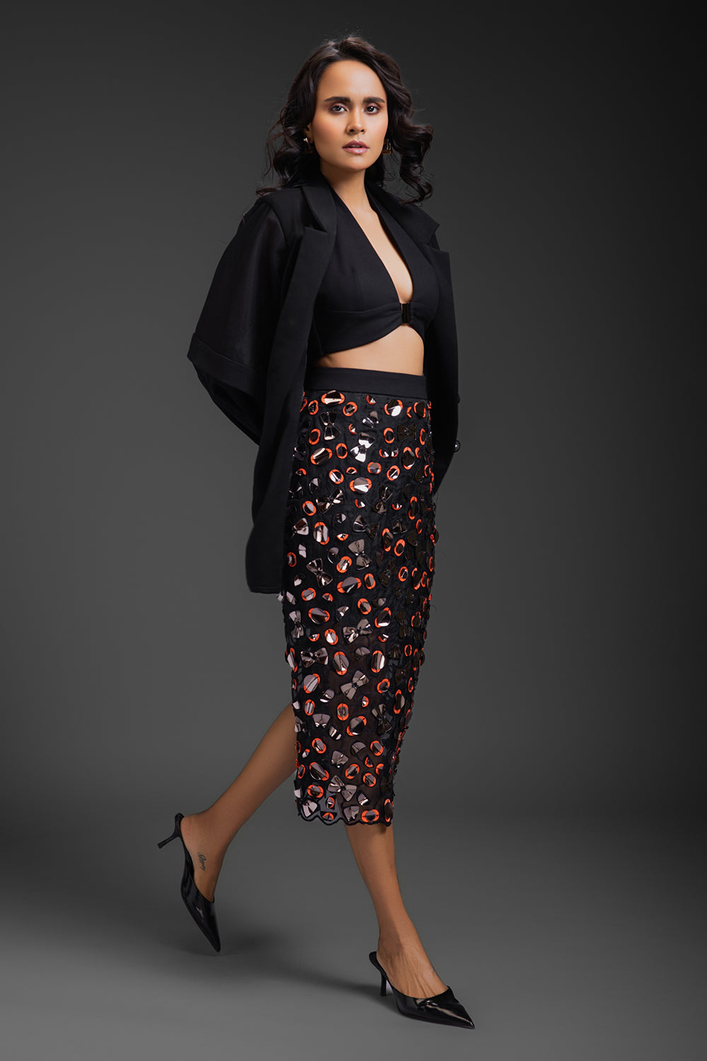Black Blazer With Sheer Organza Skirt