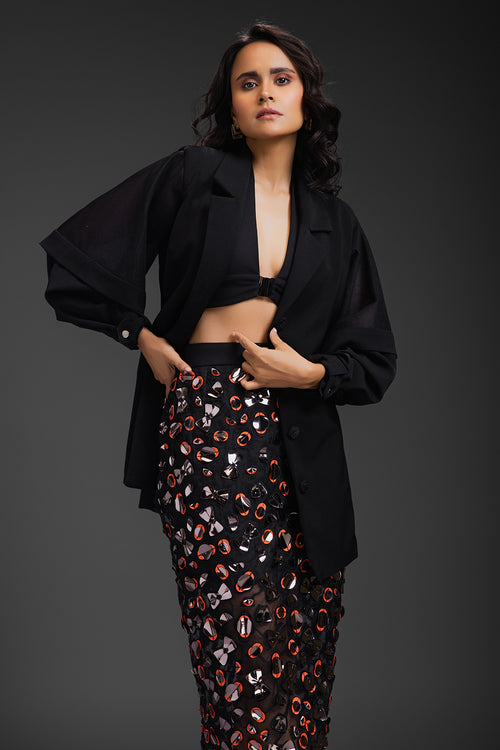 Black Blazer With Sheer Organza Skirt