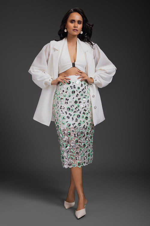 White Blazer With Sheer Organza Skirt