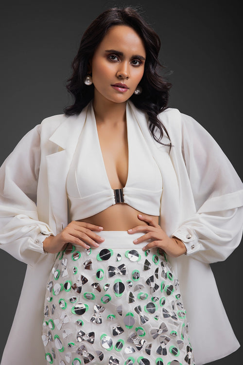 White Blazer With Sheer Organza Skirt