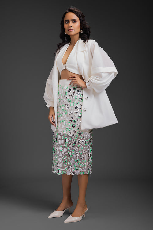 White Blazer With Sheer Organza Skirt