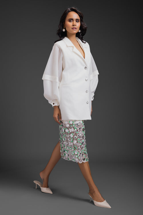 White Blazer With Sheer Organza Skirt