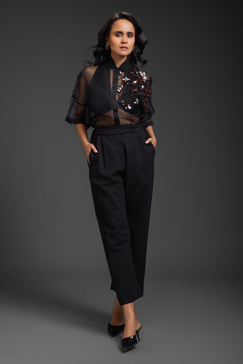 Black Sheer Embroidered Top With Straight Pant