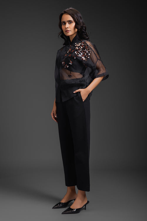 Black Sheer Embroidered Top With Straight Pant