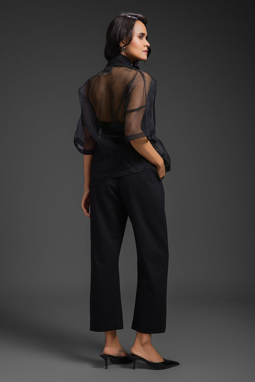 Black Sheer Embroidered Top With Straight Pant