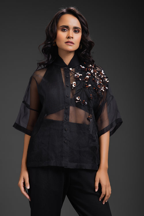 Black Sheer Embroidered Top With Straight Pant