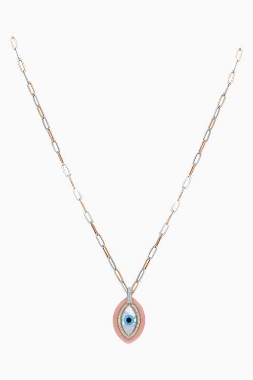 Gold Enamel Evil Eye Pendant with Diamonds and Link Chain