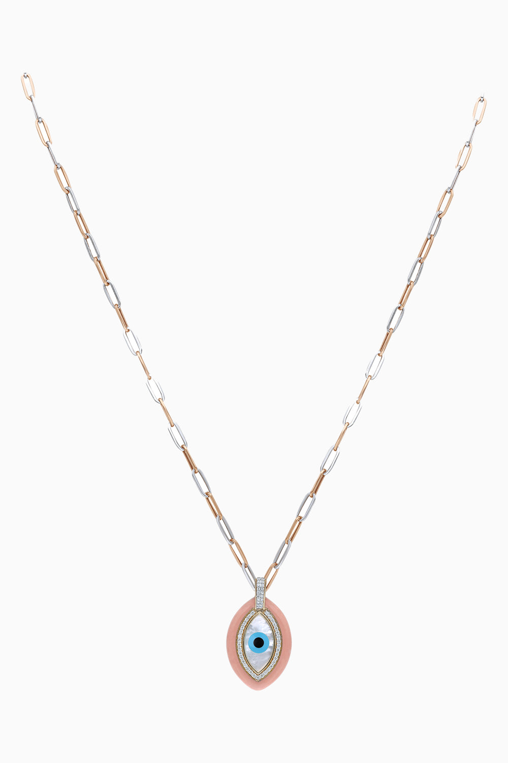 Gold Enamel Evil Eye Pendant with Diamonds and Link Chain