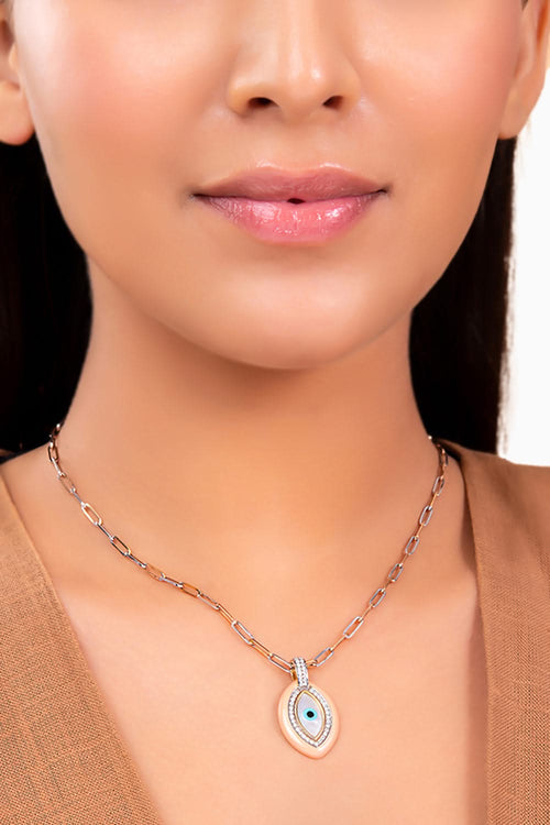 Gold Enamel Evil Eye Pendant with Diamonds and Link Chain