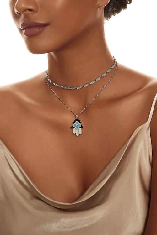 Black Enamel Hamsa Hand Diamond Chain Pendant