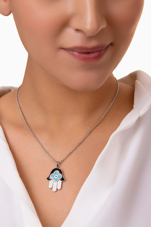 Black Enamel Hamsa Hand Diamond Chain Pendant