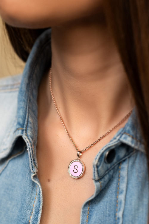 Personalized Enamel Initial Diamond Chain 14 KT Rose Gold Pendant