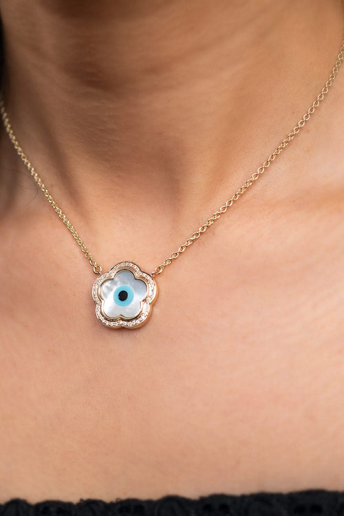 Flower Evil Eye Diamond Chain 14KT Gold Pendant