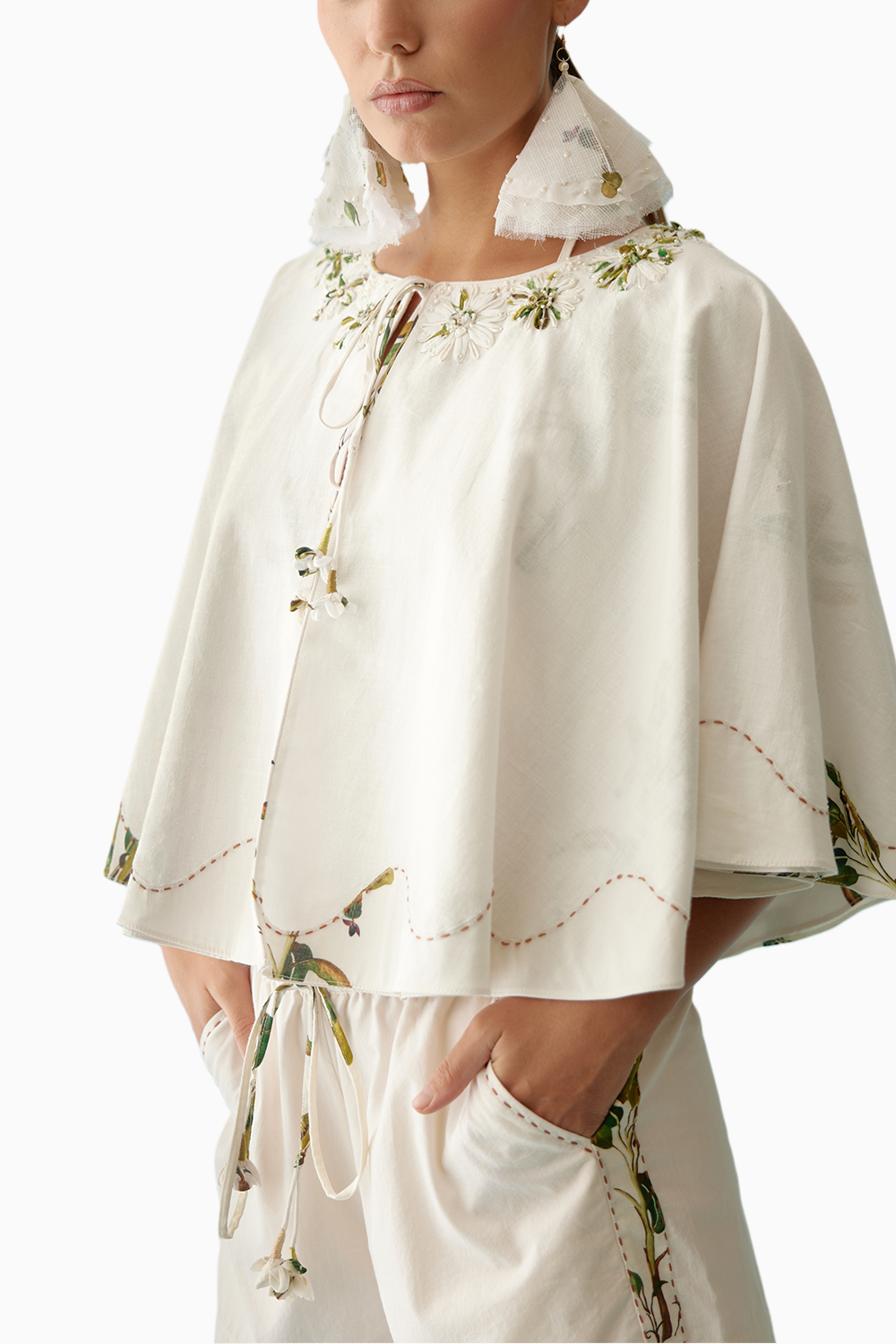 Cream Fabric Ribbon Embroidered Flower Reversible Cape