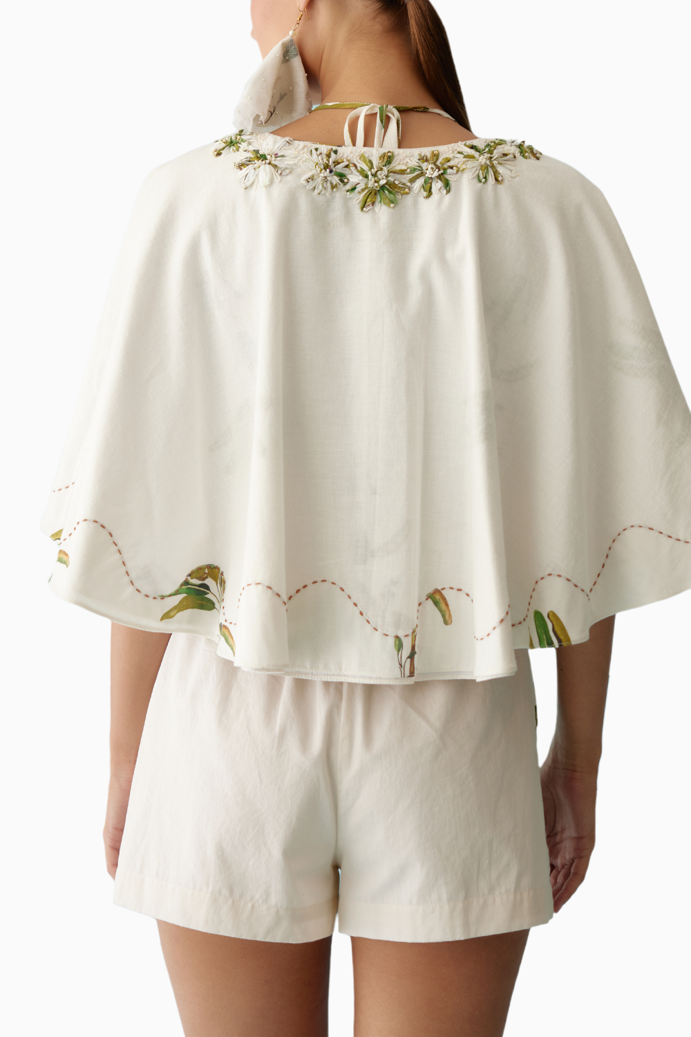 Cream Fabric Ribbon Embroidered Flower Reversible Cape