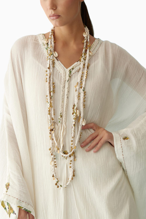 Off-White Hand Braided Tassels And Banana Tree Applique Co-ord Sets