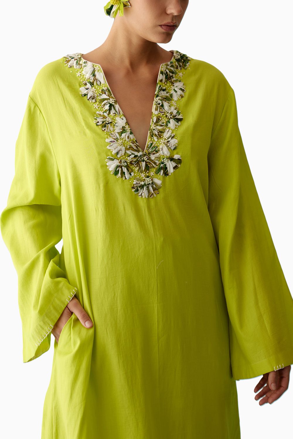 Lime Green Fabric Ribbon Embroidery Flower Co-Ord Sets