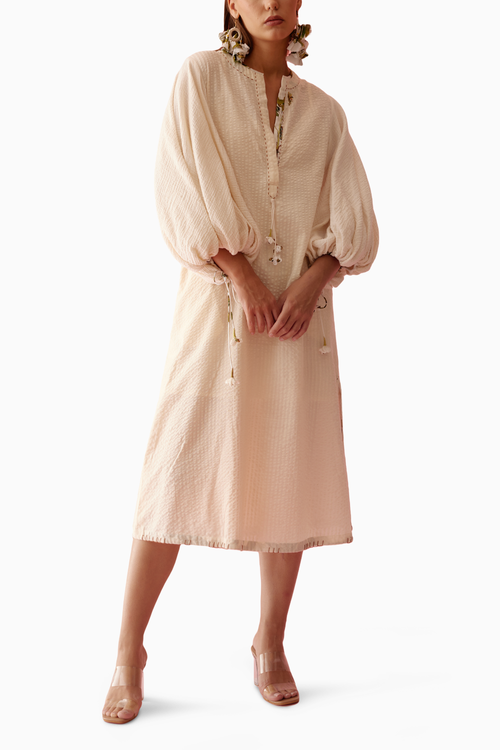 Cream A-Line Flower Tassels Dress