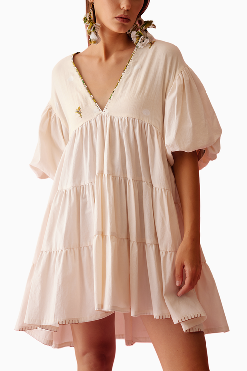 Cream Solid Bubble Sleeves Tier Dress