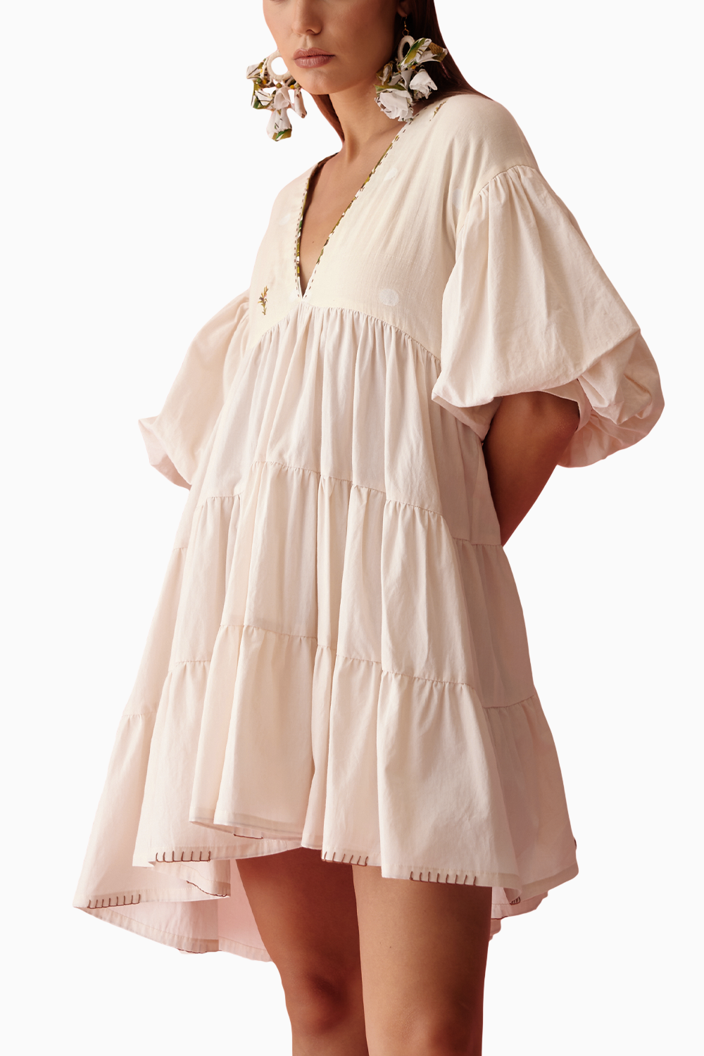 Cream Solid Bubble Sleeves Tier Dress