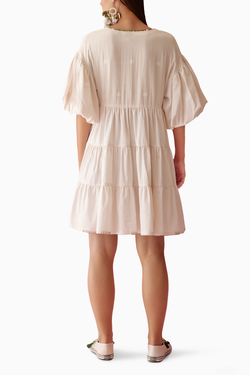 Cream Solid Bubble Sleeves Tier Dress