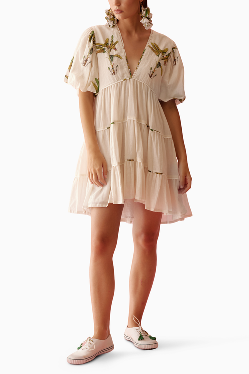 Cream Bubble Sleeves Tier Dress