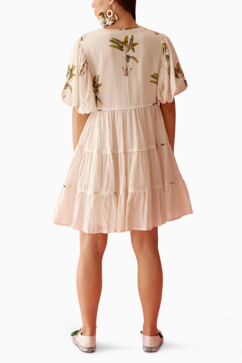 Cream Bubble Sleeves Tier Dress