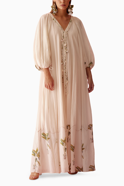 Cream Handwoven Jamdani Cotton Bubble Sleeves Maxi Dress