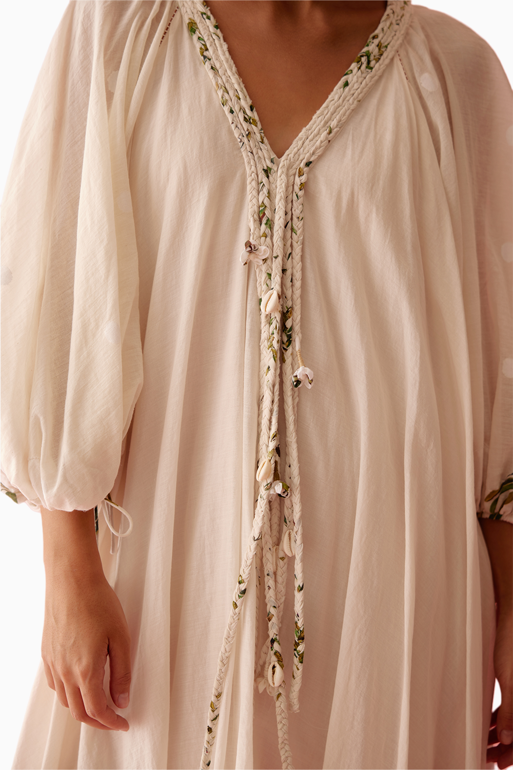 Cream Handwoven Jamdani Cotton Bubble Sleeves Maxi Dress