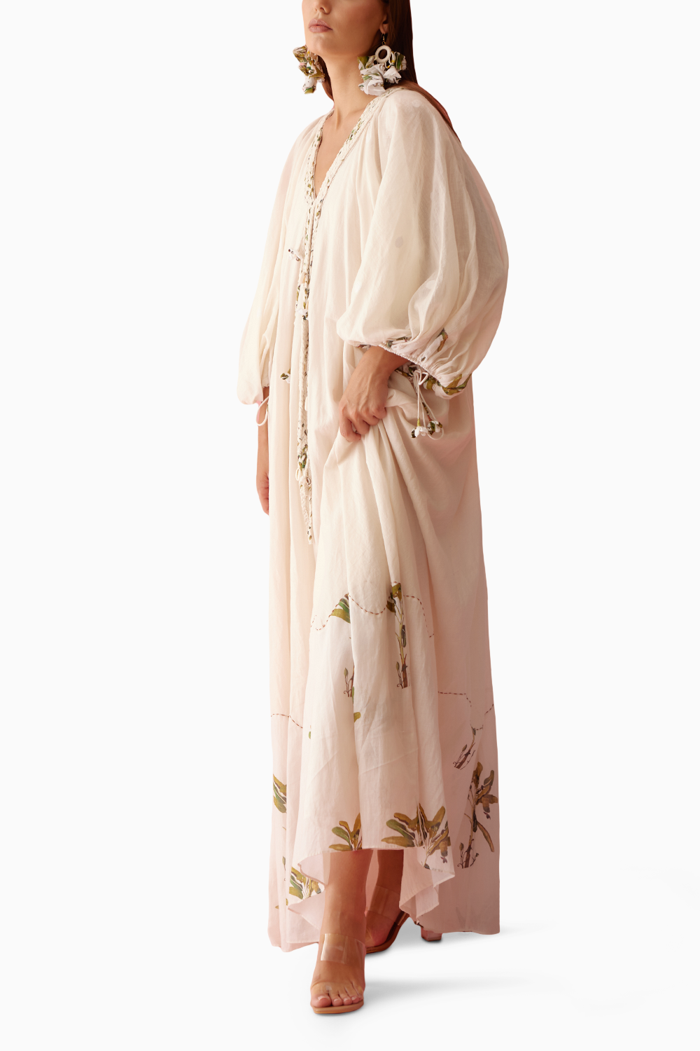 Cream Handwoven Jamdani Cotton Bubble Sleeves Maxi Dress