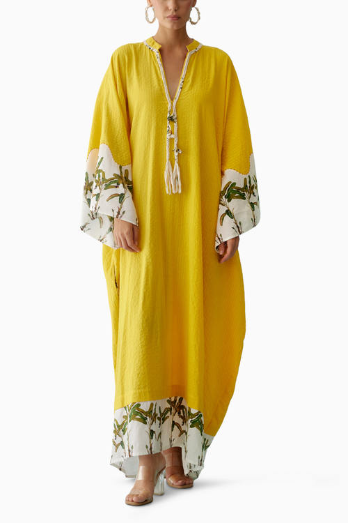 Yellow Hand-Braided Tassels  Kaftan Dress