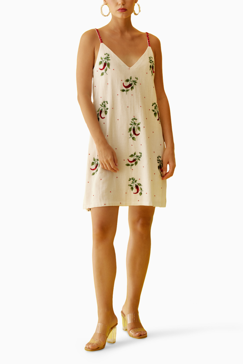 Off-White Hand Painted Chilli Print V-Neck Slip Dress