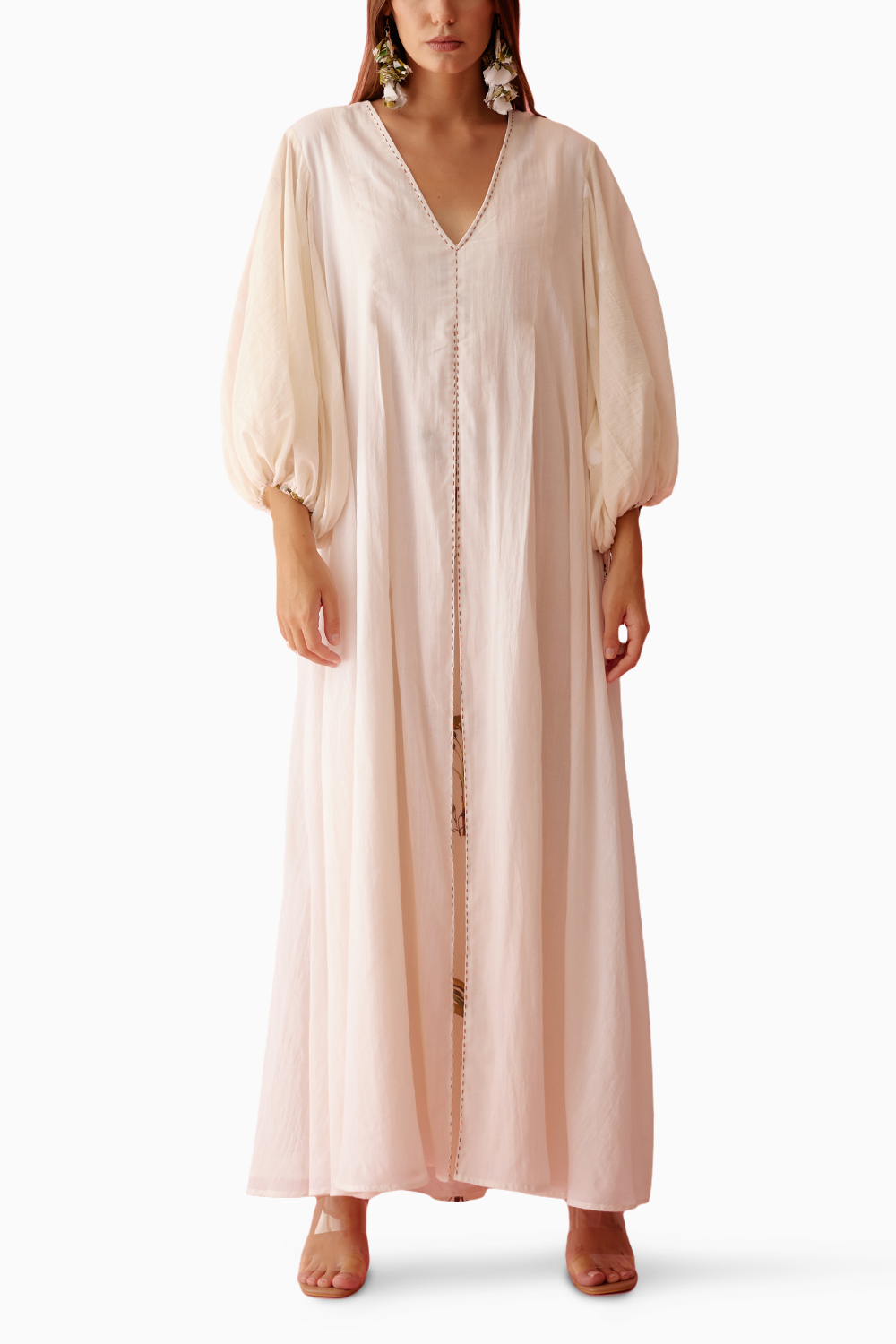 Cream Handwoven Jamdani Bubble Sleeves A-Line Maxi Dress