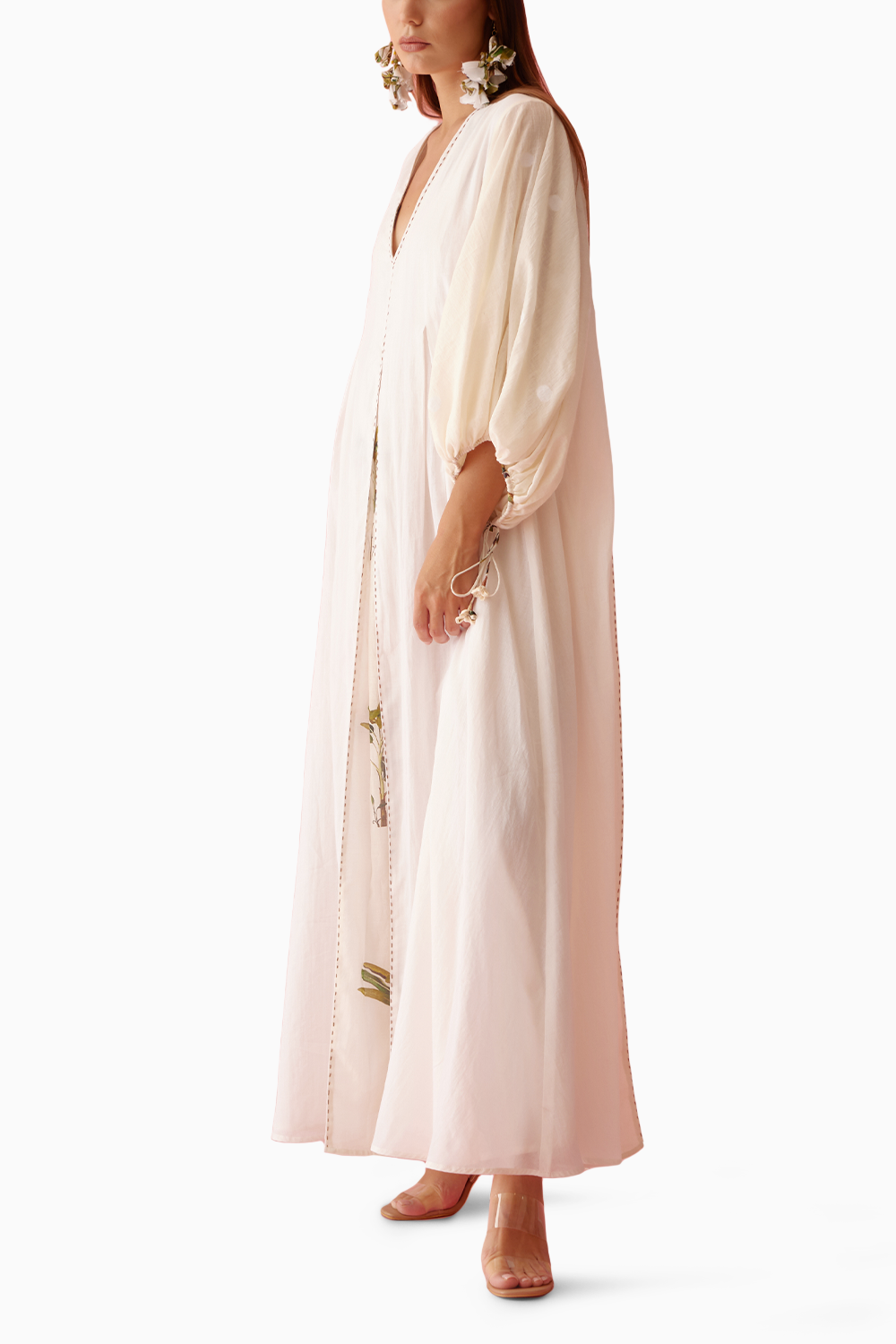 Cream Handwoven Jamdani Bubble Sleeves A-Line Maxi Dress