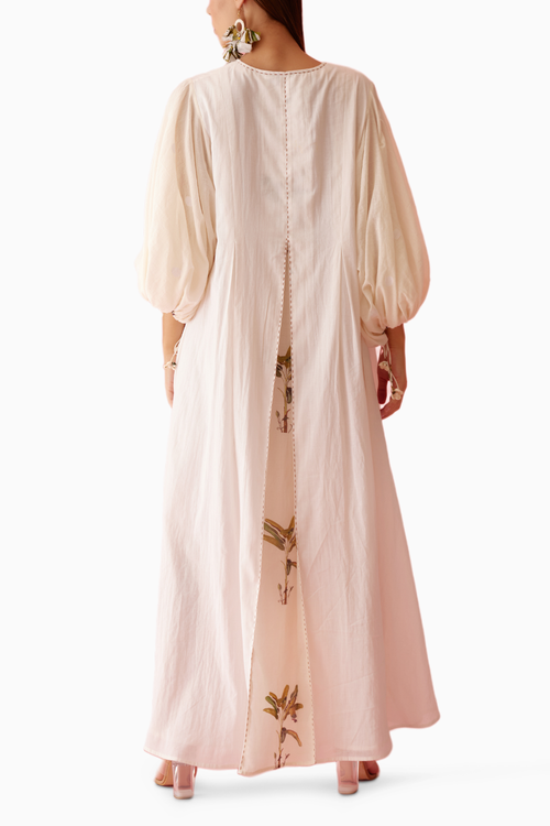 Cream Handwoven Jamdani Bubble Sleeves A-Line Maxi Dress