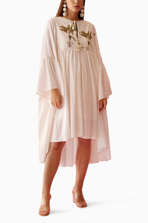 Cream Banana Tree Print Yoke Frill Dress