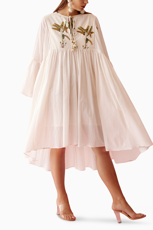 Cream Banana Tree Print Yoke Frill Dress
