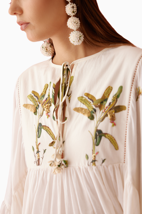 Cream Banana Tree Print Yoke Frill Dress