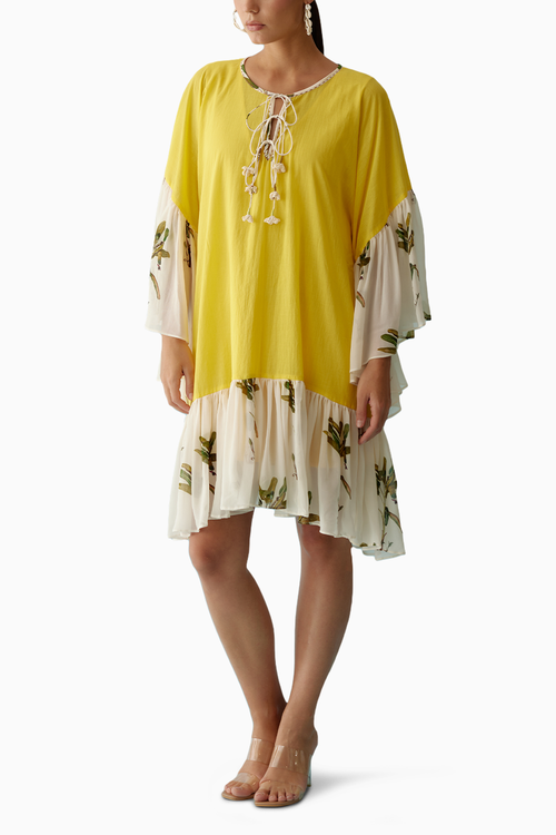 Yellow Banana Tree Print Frill Dress