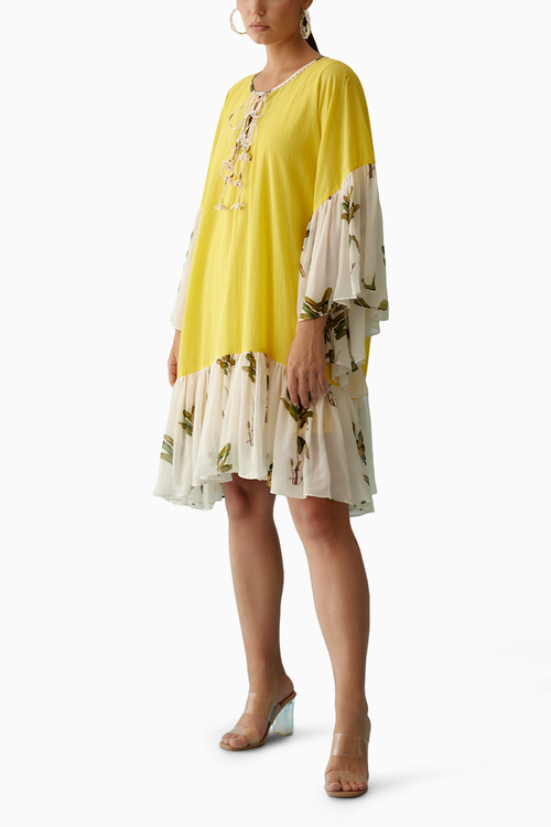 Yellow Banana Tree Print Frill Dress