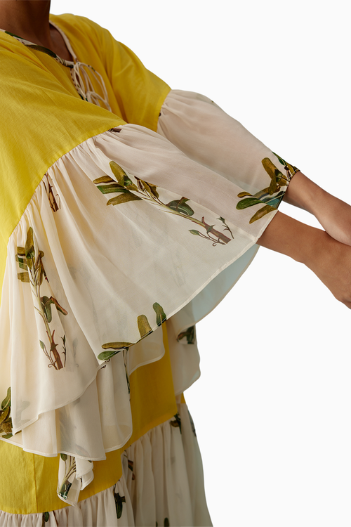 Yellow Banana Tree Print Frill Dress
