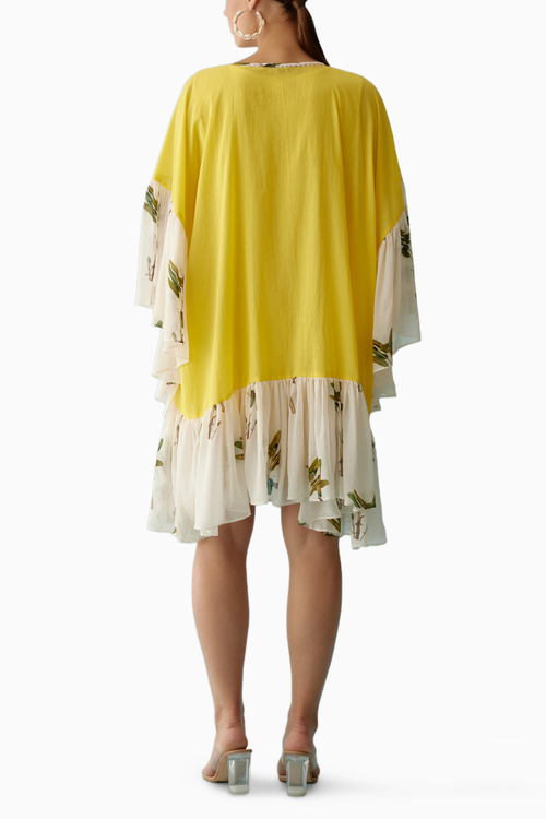 Yellow Banana Tree Print Frill Dress