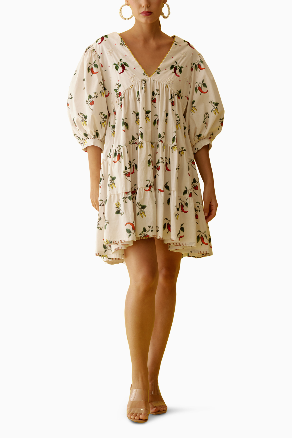 Off-White Hand Painted Chilli Print Bubble Sleeve Tier Dress