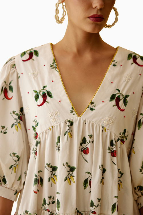 Off-White Hand Painted Chilli Print Bubble Sleeve Tier Dress