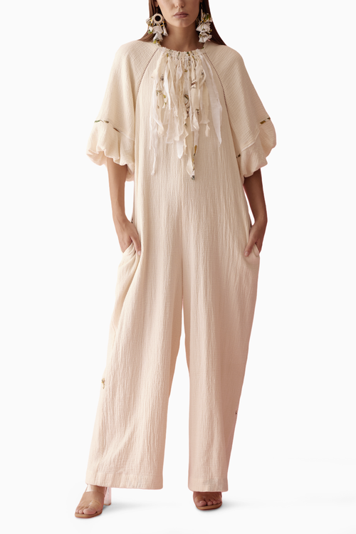 Cream Fringe Neckline Jumpsuit